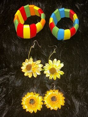 Cottagecore & Nature Vibes Boho Sunflower Earrings &  Wooden Bangles Lot of 4
